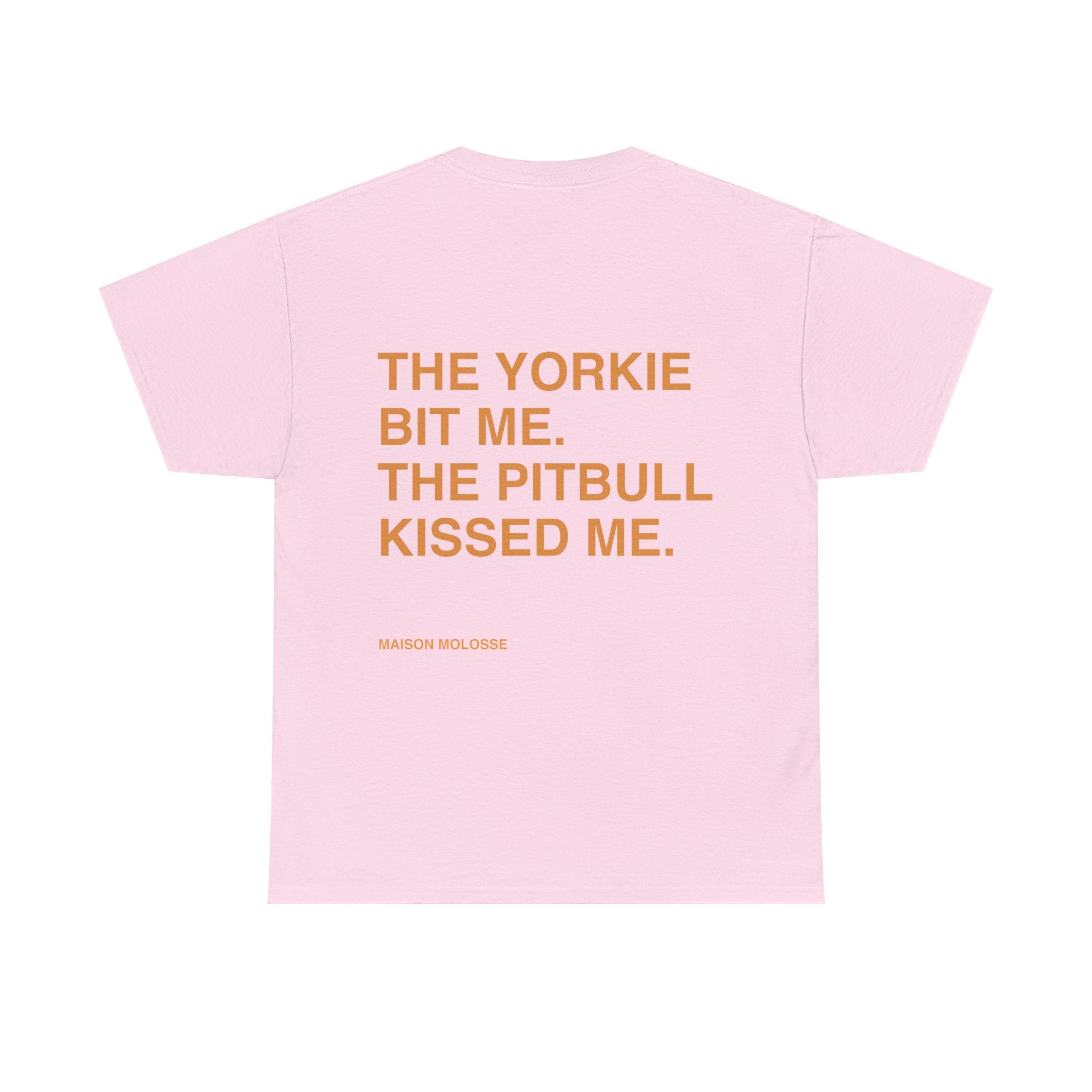 Yorkie Bites, Pitbull Loves - Heavy Cotton T-Shirt for Dog Owners