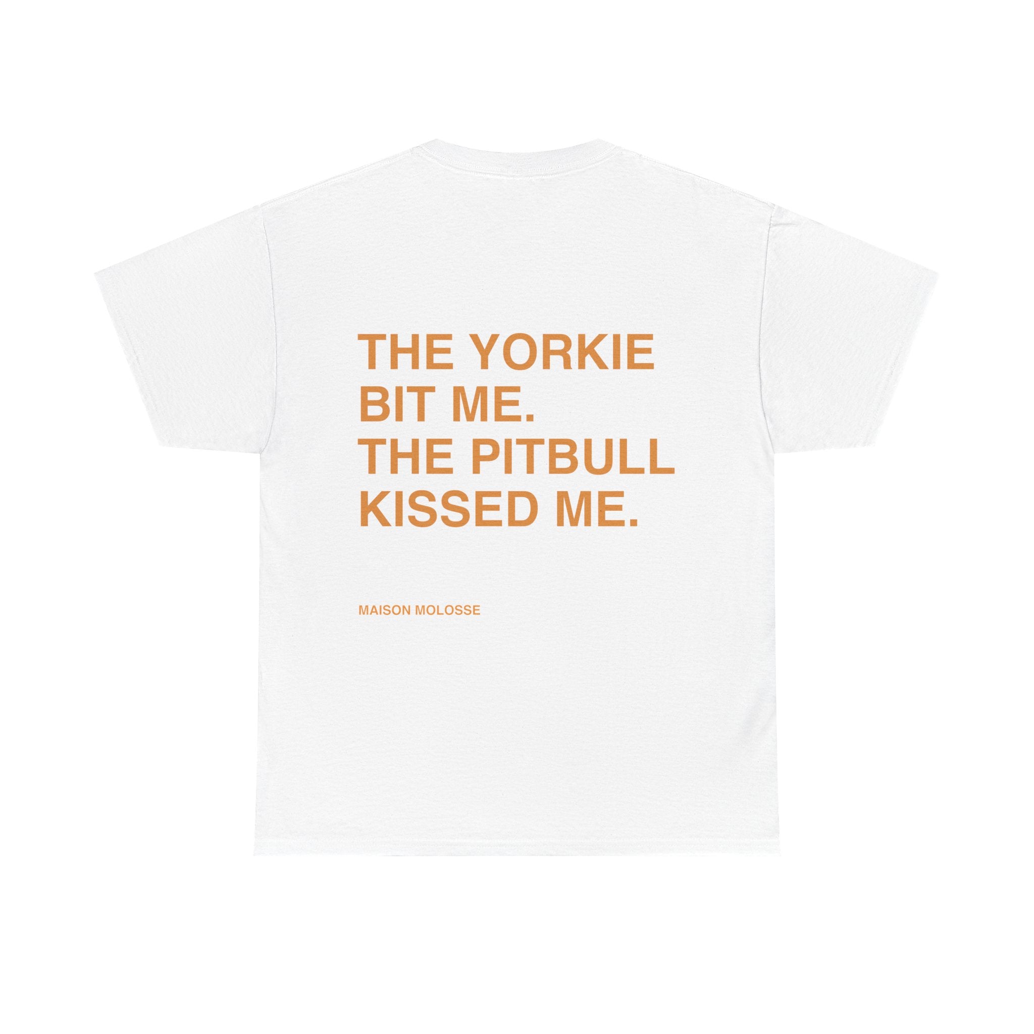 Yorkie Bites, Pitbull Loves - Heavy Cotton T-Shirt for Dog Owners