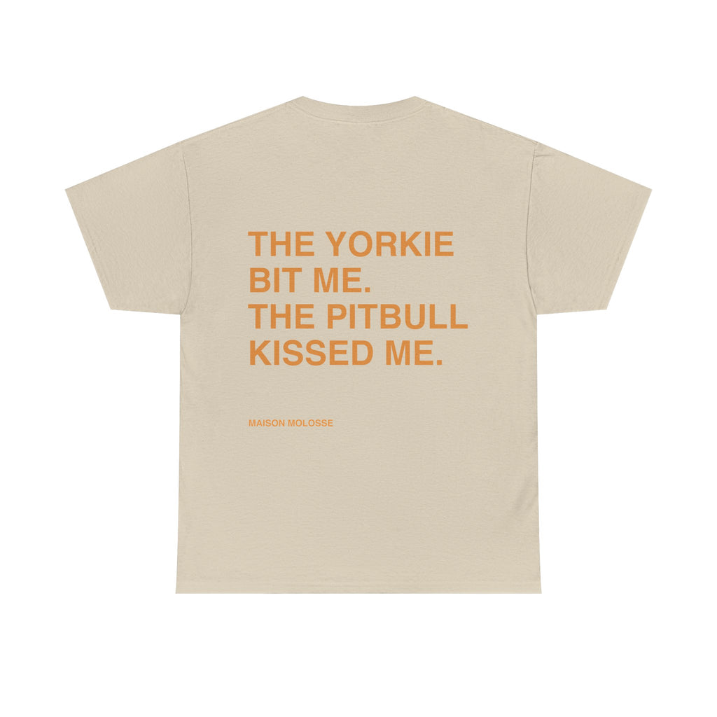 Yorkie Bites, Pitbull Loves - Heavy Cotton T-Shirt for Dog Owners