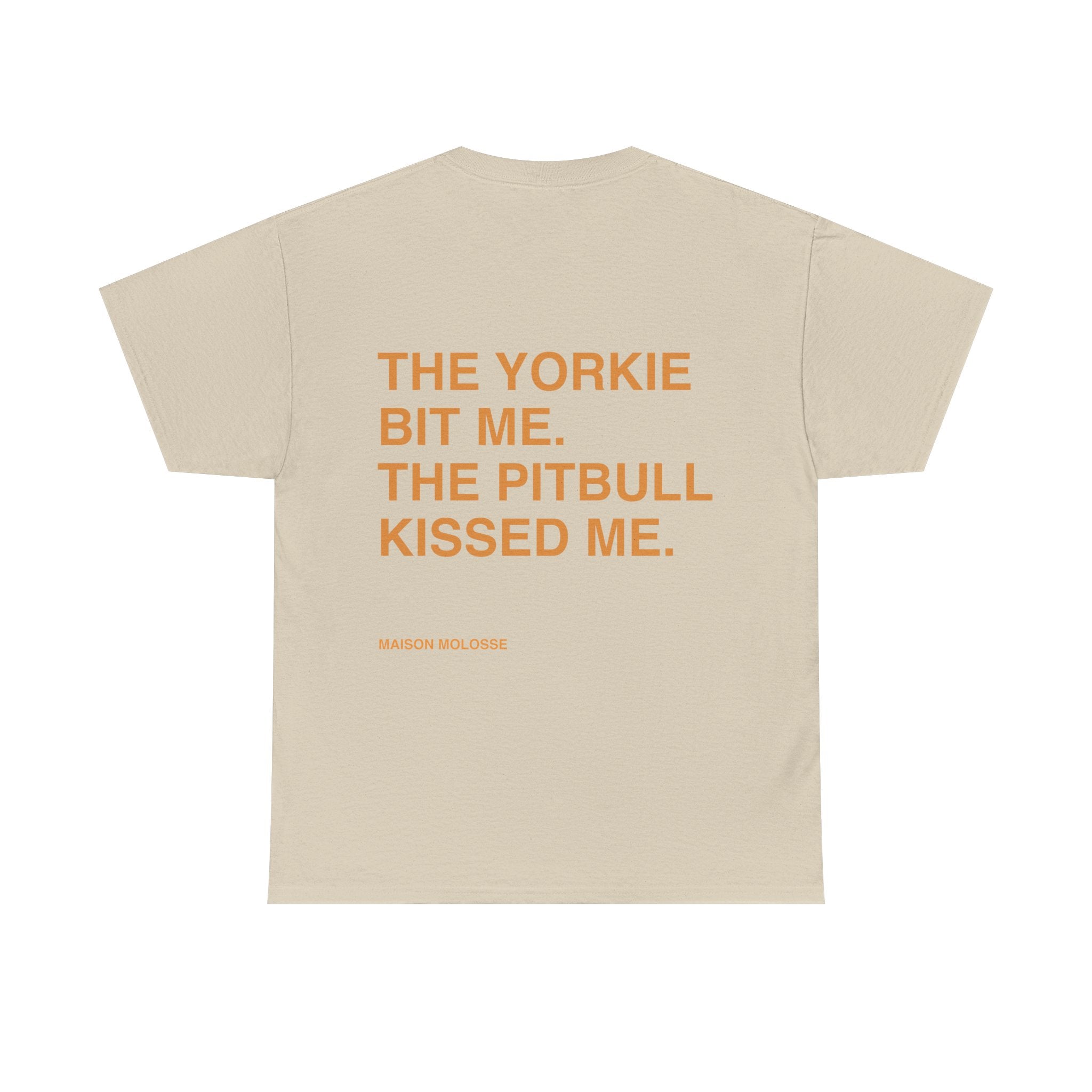 Yorkie Bites, Pitbull Loves - Heavy Cotton T-Shirt for Dog Owners