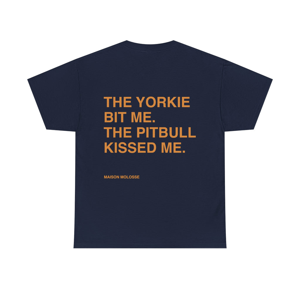Yorkie Bites, Pitbull Loves - Heavy Cotton T-Shirt for Dog Owners