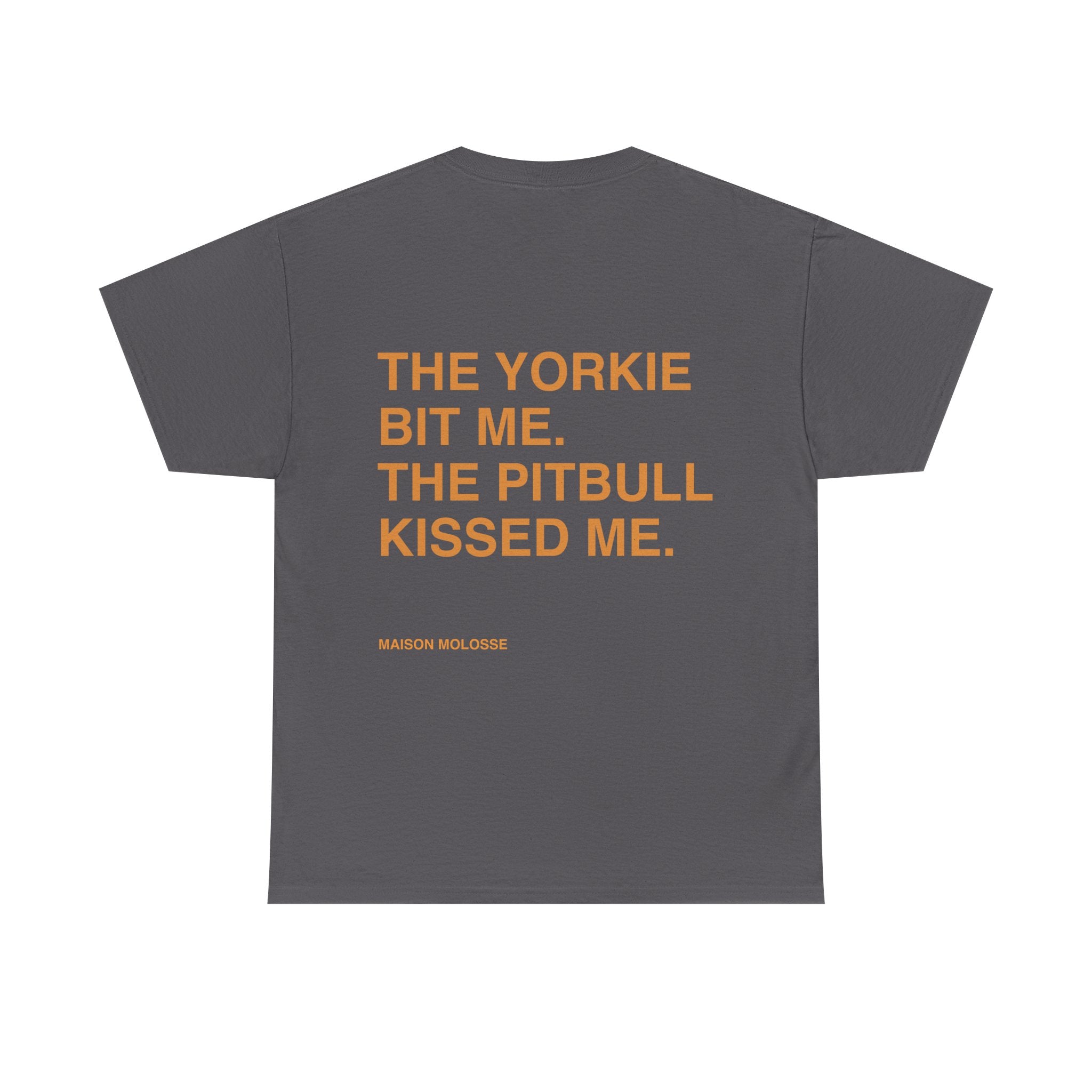 Yorkie Bites, Pitbull Loves - Heavy Cotton T-Shirt for Dog Owners