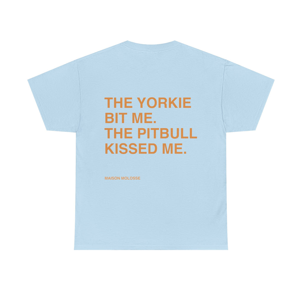 Yorkie Bites, Pitbull Loves - Heavy Cotton T-Shirt for Dog Owners