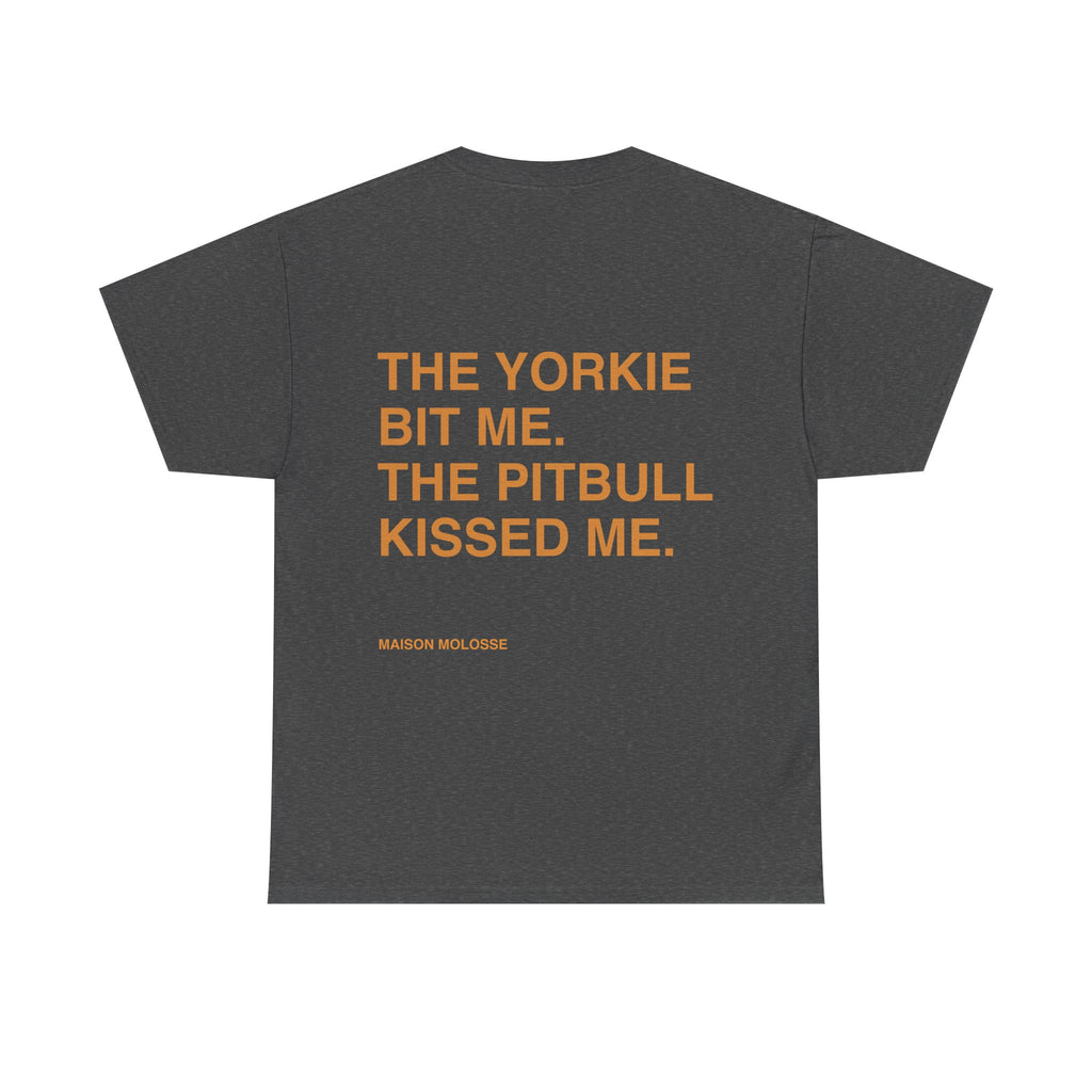 Yorkie Bites, Pitbull Loves - Heavy Cotton T-Shirt for Dog Owners