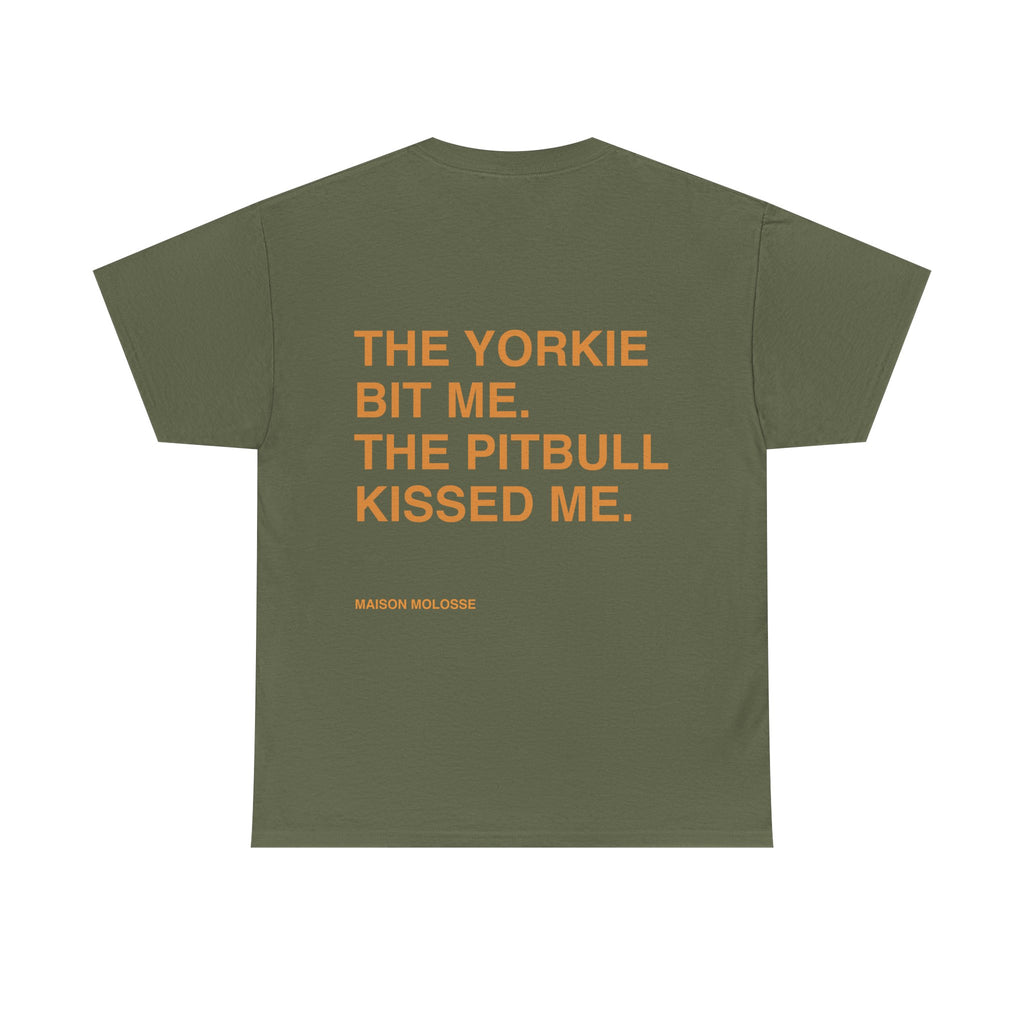Yorkie Bites, Pitbull Loves - Heavy Cotton T-Shirt for Dog Owners