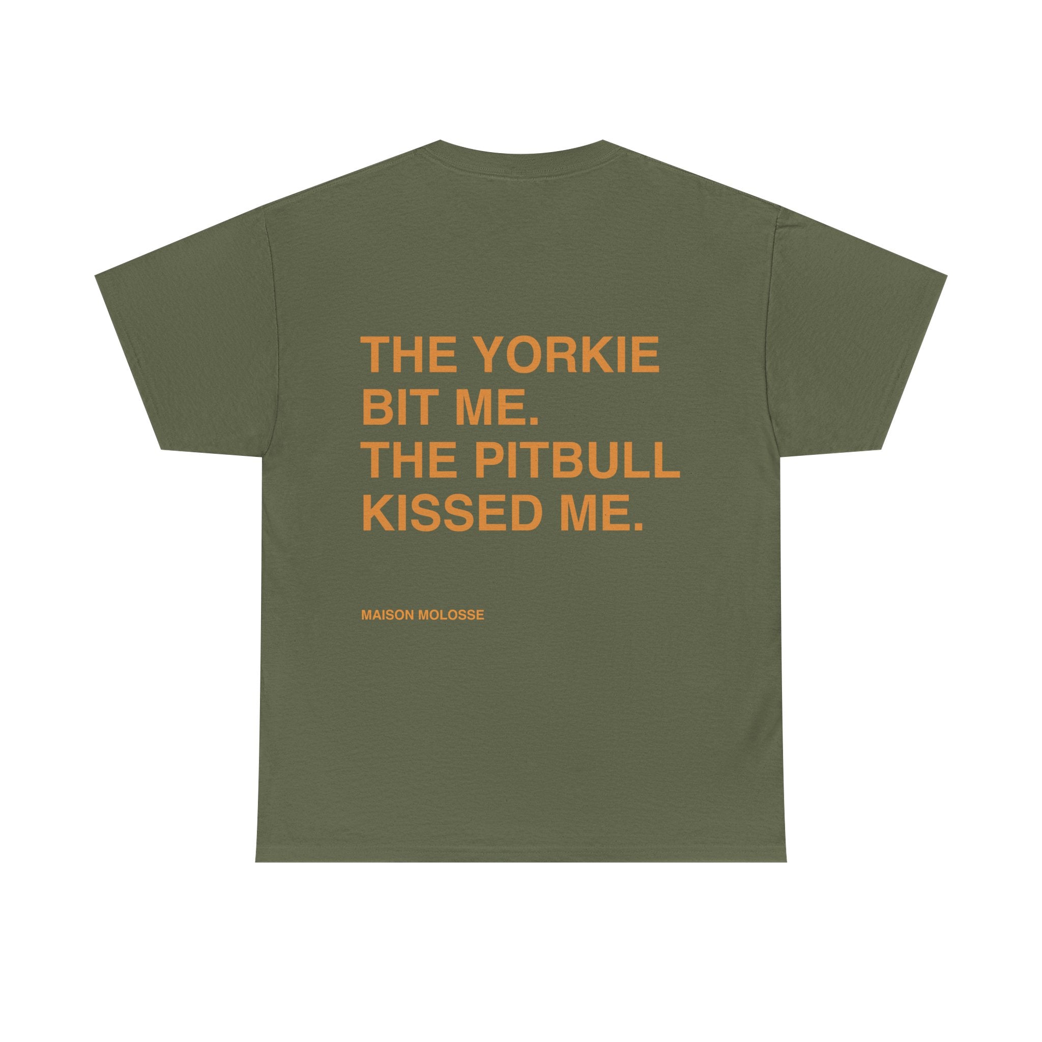 Yorkie Bites, Pitbull Loves - Heavy Cotton T-Shirt for Dog Owners